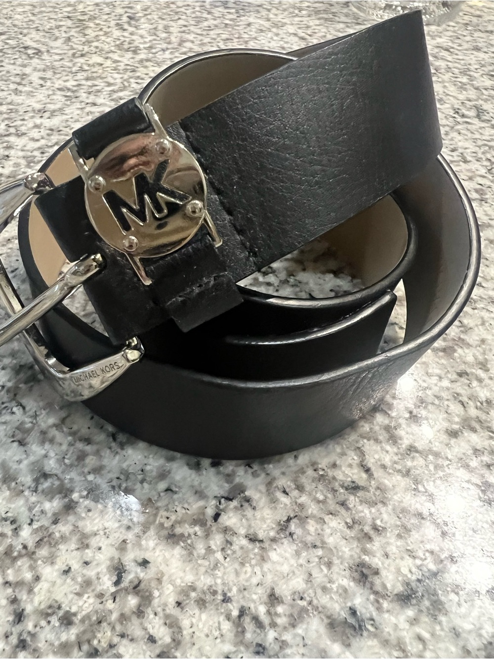 Michael Kors Black Synthetic Leather Belt with MK Silver-Tone Buckle